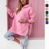 Dames Hoodies Roze Hoody Tops 2023 Herfst Effen Kleur Lange mouw Zijsplit Capuchon Casual sweatshirt Losse zak Paneelhoodie