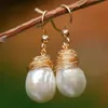 Dangle Earrings Natural 14-15mm White Baroque Pearl 14K Gold Wedding VALENTINE'S DAY Halloween Women Gift Freshwater FOOL'S