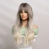 Women'S 24 Inches Wig With Fringe Bangs Long Light Brown To Blonde Body Wave Synthetic Wigs