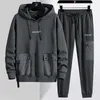 Herrfjäderhöst Multi-Pockets Plus Size Tracksuit Men Streetwear Black Grey Pullover Hoodie Pants 2 Piece Set Sport MWHC