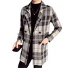 Mélanges de laine pour femmes 2023 hommes col rabattu laine tricot pull Trench manteau/mâle Double boutonnage coupe laine Plaid décontracté longue coupe-vent veste L230918