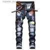 Men's Jeans Unique Men Painted Rips Jeans Stretch Black Fashion Designer Slim Fit Washed Motocycle Denim Pants Panelled Hip HopTrousers 1012 L230918