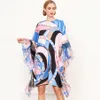 Women's Runway Dresses O Neck Batwing Sleeves Ruffles Printed Loose Design Fashion Casual Short Dresses245d