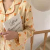 Pyjama à manches longues pour femmes, ensemble doux, imprimé Orange, vêtements de nuit pour la maison, Cardigan 2 pièces coréen, printemps automne