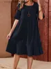 Basic Casual Dresses Women Clothing New Spring Summer Large Swing MIDI Skirt Solid Color Loose Casual Pleated Crew-neck Flared Short-sleeved Dress L230918