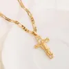 24 k Solid Fine Yellow Gold GF Mens Jesus Crucifix Cross Pendant Frame 3mm Italian Figaro Link Chain Necklace 60cm231l