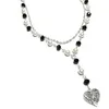 Chains Layered Black & White Rosary Handmade Y2K Butterfly Fairycore Beaded Pearl Glass Bead Chain Necklace Cottage Core