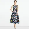 Boutique vrouwen bloemenjurk mouwloze bedrukte jurken zomer herfst middenjurken high-end elegante damesjurk OL runway-jurken feestjurk