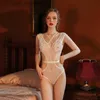 Sexy Set Branco Sexy Malha See-Through Open Back Bordado Hot One-Piece Pijamas Macacão Bodysuit Body Shaping Underwear Tamanho M L Q0818 L230918