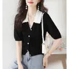 Women's Knits Patchwork Color Hollowed Out Doll Collar Ice Silk Short-sleeved Cardigan Summer Loose Thin T-shirt Sweater