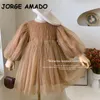 Abiti da battesimo stile coreano primavera autunno bambini ragazza vestito maniche lunghe caffè o collo maglia principessa vestiti per bambini E22001 230918