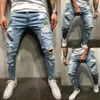 Mens Hip Hop Stretchy rippade magra jeans förstörde Frayed Slim Fit Denim Pants Byxor Men267w