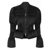 Women's stand collar shrug shoulder black cool slim waist down coat SML