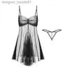 Sexy Set Hoyyezen Sexy See-through Mesh V-neck Thin Women's Suspender Short Nightgown Nightdress Sleepwear Home Dress With Thong M/L Q0818 L230918