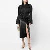 Women's stand collar shrug shoulder black cool slim waist down coat SML