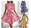 Summer Chiffon Dress Oneck Belted Layered Hem Beach Wear edge swing flower dress