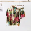 Women's Two Piece Pants Flower Print Shirt Shorts 2 Pieces Set Women Holiday Long Puff Sleeve Single Breasted Top Summer Elastic High Waist Shorts Suit 230918