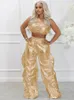 Kvinnors träningsdräkter Gold Sliver Metallic Birthday Outfit Två Peice Set Club Party Crop Top and Pants Streetwear Hip Hop Rave Festival Outfit 230918