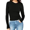 Dames T-shirts met lange mouwen en ronde hals 2023 Herfst Geribbeld gebreid Slim Fit Casual effen kleur Basic T-shirts