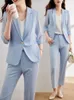 Women's Two Piece Pants Three Quarter Sleeve Blue Thin Style Suit Jacket Summer Casual Office Occupation Fashion Temperament Two-piece