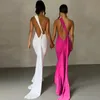 Bandage d'été solide sexy dos nu sans manches robe maxi pour femme robe sexy froncée robe de mode plissée licou coupe ajustée couleur unie