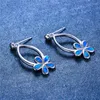 Boucles d'oreilles mignonnes pour femmes, fleur Vintage, couleur argent, Double pour femmes, style Boho, blanc, bleu, opale de feu