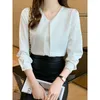 Women's Polos Long Sleeve Office Lady White Blouse Women Blusas Mujer De Moda 2023 V-Neck Chiffon Shirt Tops Blouses Shirts G175