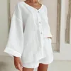 Vêtements de nuit pour femmes, pyjama décontracté, ample, ensemble 2 pièces, manches longues, col en V, costumes d'été avec short, vêtements de détente en coton pour femmes