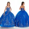 2020 Royal Blue Flower Girl Dresses With Jacket Spaghetti Straps Girl Pageant Ball Gown Lace Applique broderi Custom Made Princ221n