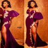 2021 Plus Taille Arabe Aso Ebi Violet Sirène Sexy Robes De Bal En Dentelle Haute Split Sheer Cou Soirée Formelle Deuxième Réception Go338I