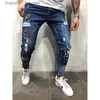 Mäns 3 stilar Män rippade magra cyklist jeans förstörde frayed tryckbroderi smal fit denim pant Jean x0621 l230918