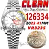 Clean CF Data 41mm 126334 VR3235 Automatic Mens Watch Canelada Bezel Branco Dial Stick Marcadores 904L JubileeSteel Pulseira Super Edition Eternity Hombre Relógios de Pulso