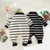 Barboteuses Gentleman bébé garçon vêtements chapeau ensemble coton ours rayure décontracté nés infantile combinaison enfants vêtements 3 18 mois 230918