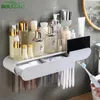 Toothbrush Holders BOUSSAC Wall-mounted Toothbrush Holder Automatic Toothpaste Dispenser Squeezer Organizer Storage Rack Bathroom Accessories Set 230918