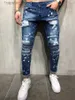 Jeans masculinos homens elegante rasgado magro jeans moda designer lavado zíper painéis motociclista reto desgastado estiramento denim calças streetwear calças l230918