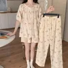 Dames Nachtkleding 3pcs Pyjama Voor Vrouwen Ronde Hals Top Losse Shorts Broek Loungewear Sets Afdrukken Cartoon Knop Pijama Pjs