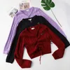 Kvinnors tröjor Kvinnor Preppy Style Sticked Pullover Sweater V-Neck Knitting Short Slim Top Lace Up Knitwear