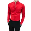 Mens Casual Red Shirt Long Sleeve Simple Social V-neck Shirts Men Slim Fit Stand Collar Night Club Tuxedo Gentlemen Men's209a