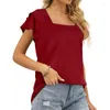 T-shirt da donna T-shirt estiva in tinta unita per donna Moda manica doppia petalo top allentato collo quadrato camicetta corta Top