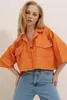 Kadınlar bluzları trend yolu koleksiyonu kadınlar turuncu zarf cepleri mahsul poplin gömleği alc-x6045