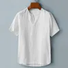 Men's Casual Shirts Men Short Sleeve Linen Collarless Soft Dress Loose Holiday Top Tee Work Shirt Striped261J