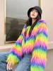 Women's Fur Faux Fur Streetwear Rainbow Striped Faux Fur Coat Women Imitation Goat Wool Luxury Furry Jacket Top Club Autumn Winter Clothes 230918