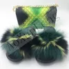 Slippers Fluffy Women Fur Slippers Set-Handbag Furry Real Fox Fur Slides Shoes Rainbow Colorful Jelly Shoulder Bag Candy Crossbody Purse x0916