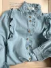 Blouses pour femmes Rowling Mirror Chic élégant col à volants Denim coton chemise femmes à manches longues bouton Vintage bureau dame