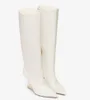 العلامة التجارية الشتوية الفاخرة الأولى الطويلة الحذاء المدببة بأصابع القدم الجانبية السوستة قطري على شكل F كعب منحوت أبيض أسود ليدي سيدة فستان الحوار حفل زفاف