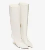 Marque de luxe d'hiver premières bottes longues bout pointu fermeture éclair latérale diagonale en forme de F talon sculpté blanc noir en cuir dame robe bottillons de fête de mariage