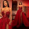 Arabe Aso Ebi Dentelle Luxueux High Split Robes De Bal 2022 Cristaux De Perles Sexy Soirée Formelle Deuxième Réception Robes Robe 2696