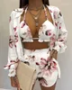 Kvinnors spårningsdräkter sexiga strand 3 -stycken uppsättning 2023 Summer Women Lantern Sleeve Shirt Shirt Blus Ruffle Frill Hem Crop Top Bikini Shorts Outfit Suit