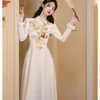 Casual Kleider Herbst Kleidung Hohe Qualität Stickerei Für Frauen Langarm Stehkragen Aprikose Vintage Qipao Vestido Elegante Mode