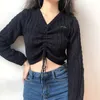 Women's Sweaters Women Preppy Style Knitted Pullover Sweater V-Neck Knitting Short Slim Top Lace Up Knitwear